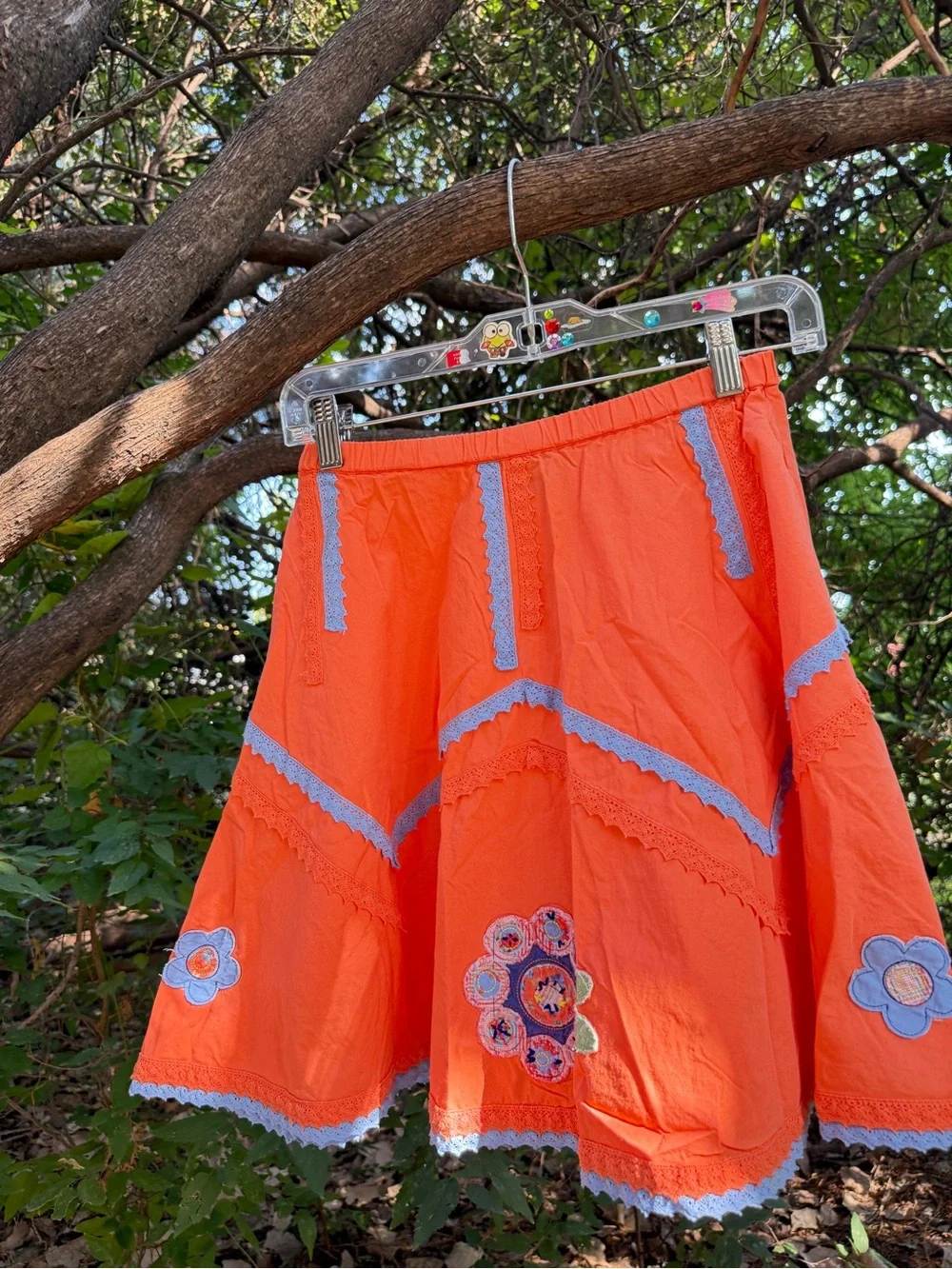 Bright Orange Embroidered Flared Skirt